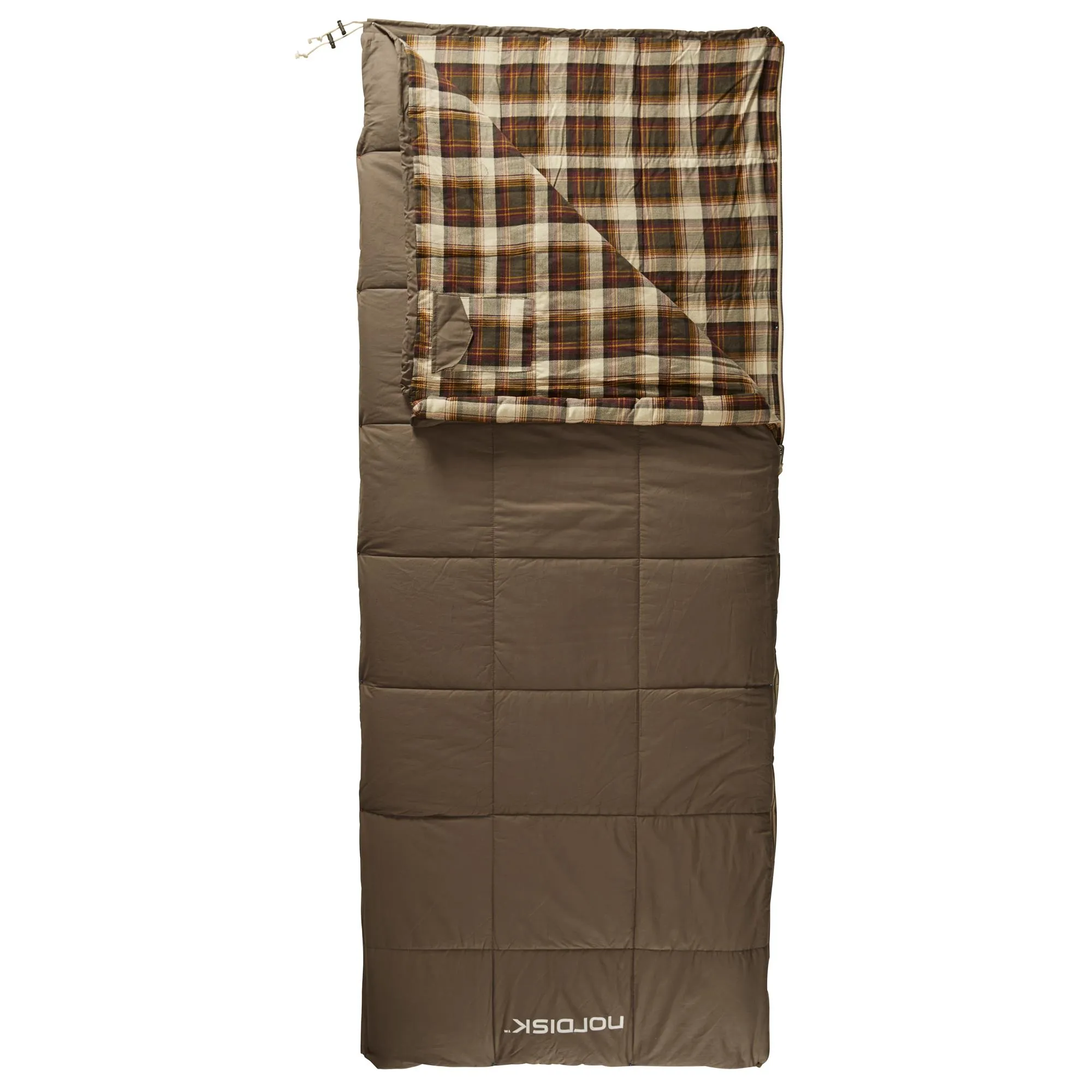 141004-Almond-plus-10-nordisk-rectangular-shape-sleeping-bag-bungy-cord-brown-front-open-top.jpg