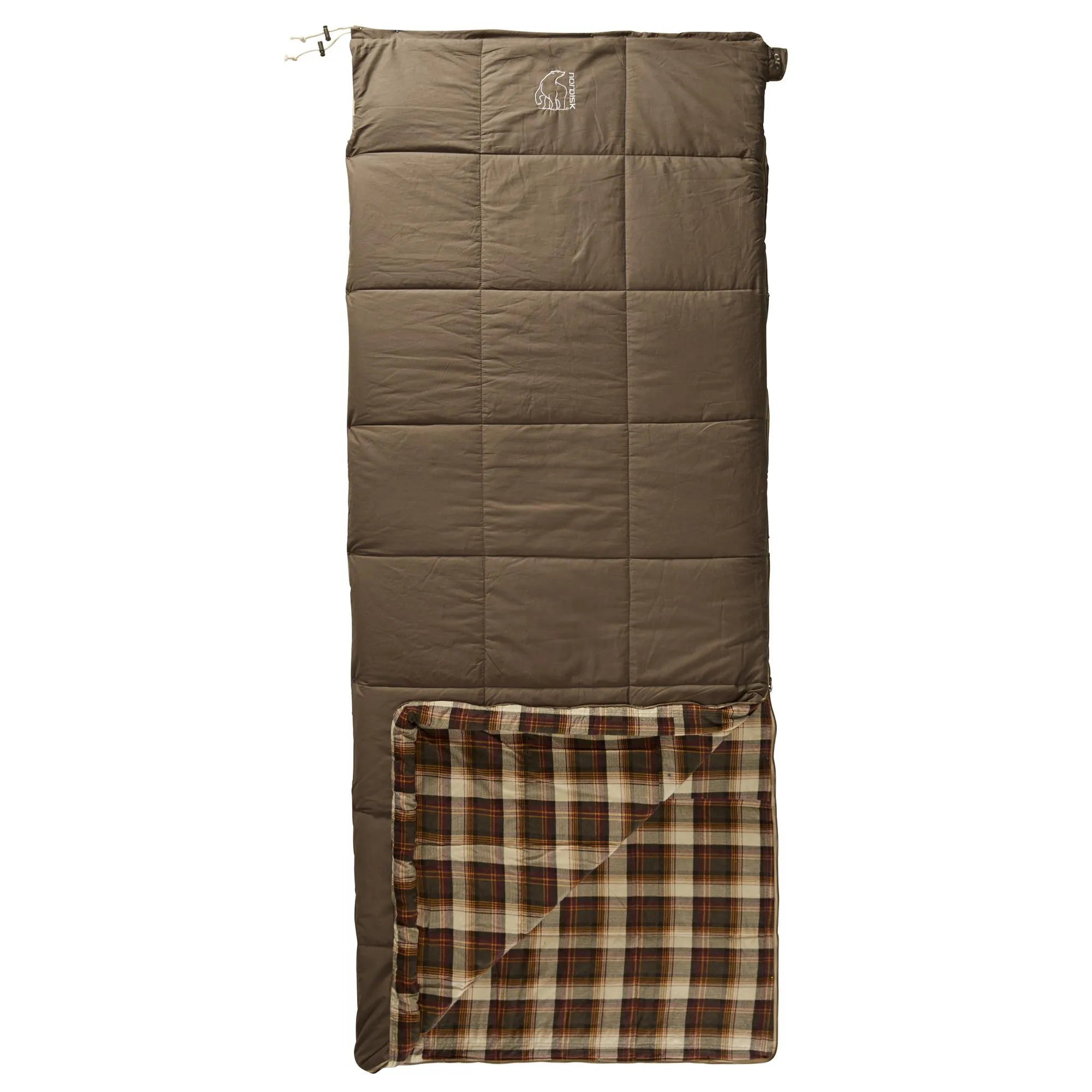 141004-Almond-plus-10-nordisk-rectangular-shape-sleeping-bag-bungy-cord-brown-front-open-bottom.jpg